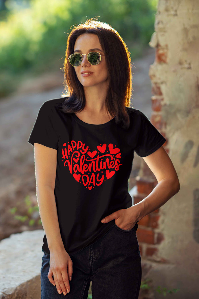 Happy Valentine's Day T-Shirt – Black & Red Heart Print Tee - urban360